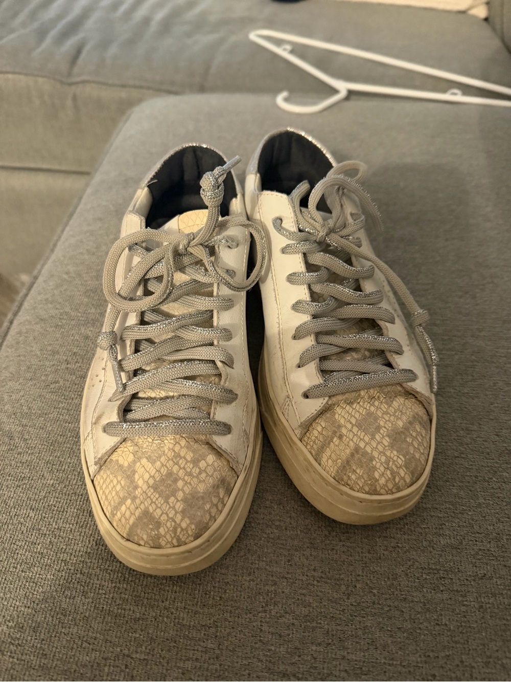 P448 Women's White Sneakers with Beige Snake-Print Toe